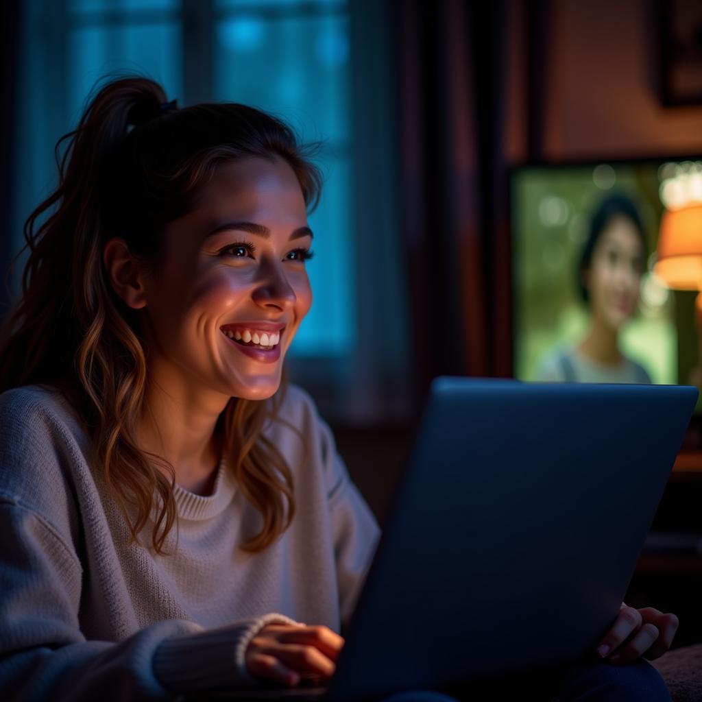 Woman Enjoying Movie on Laptop