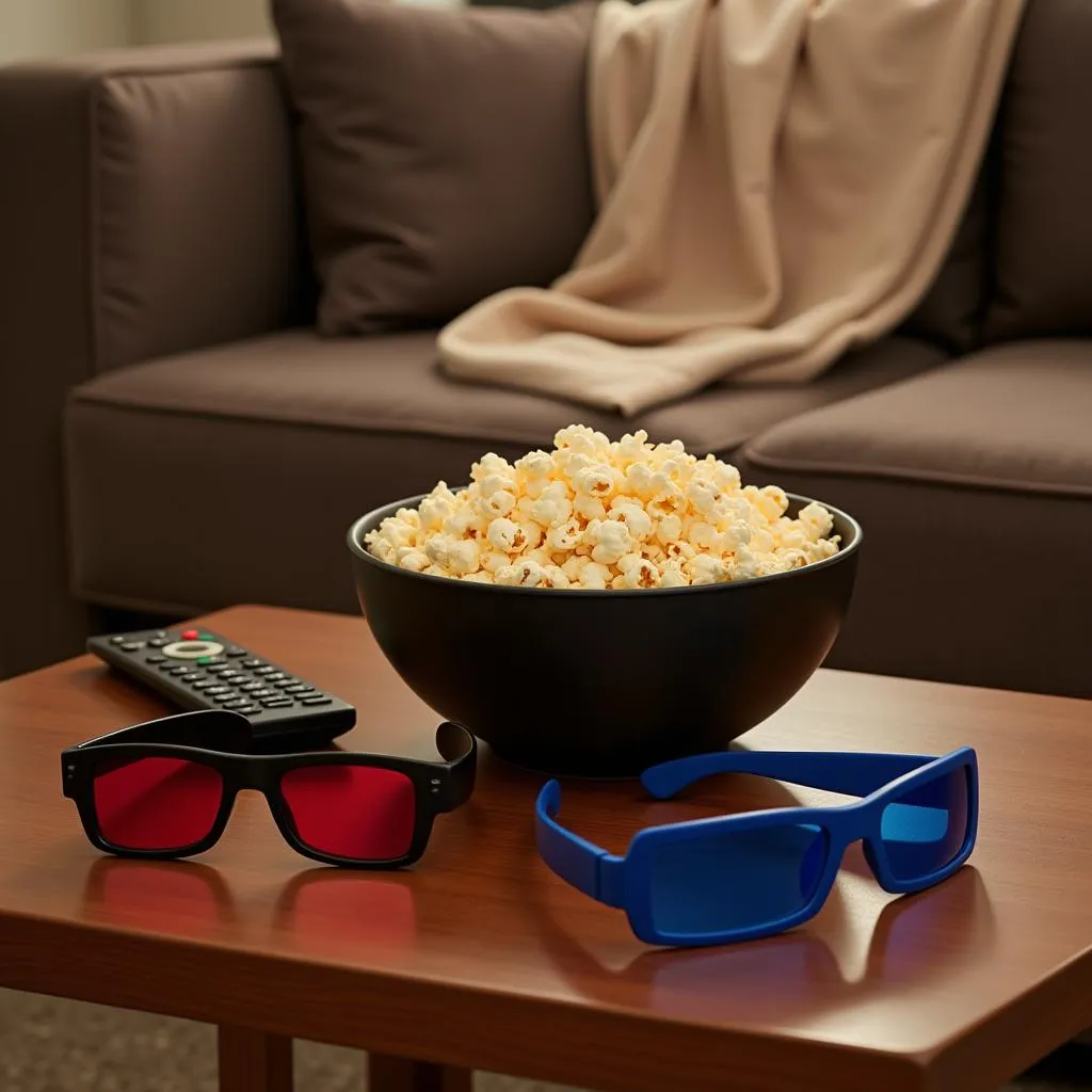 3D Glasses and Popcorn on a Coffee Table