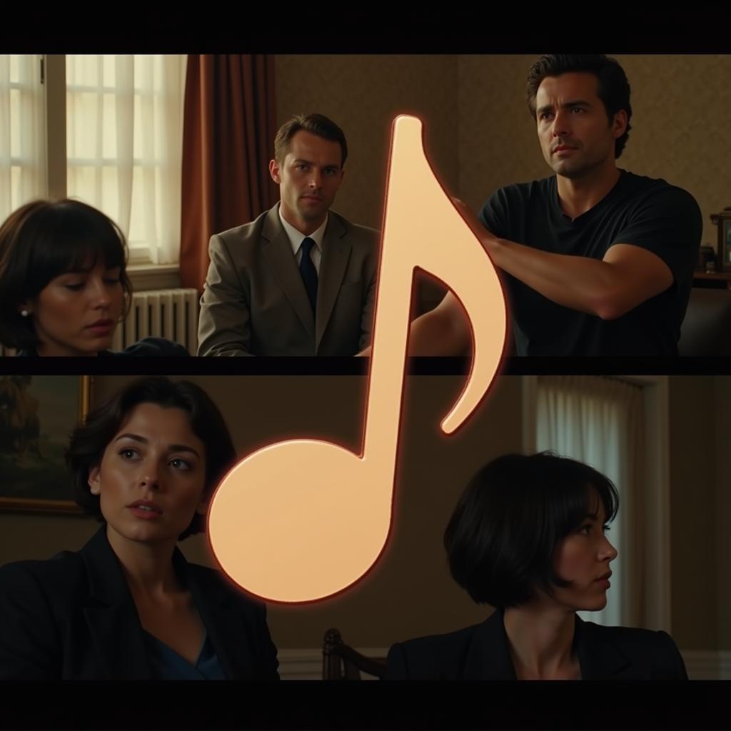 Movie scene with characters expressing emotion, overlayed with a musical note