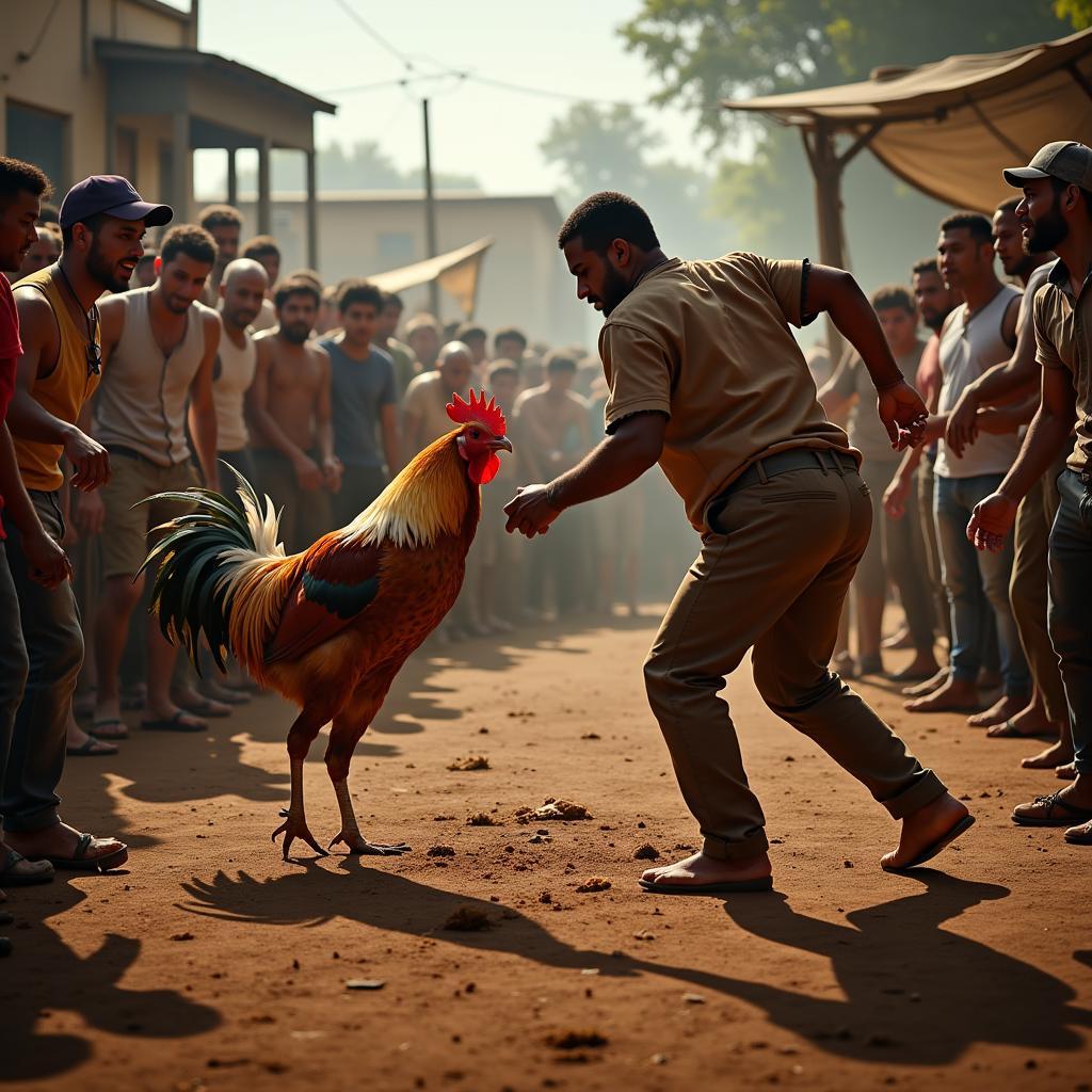 A crowd watches a rooster fight in Aadukalam