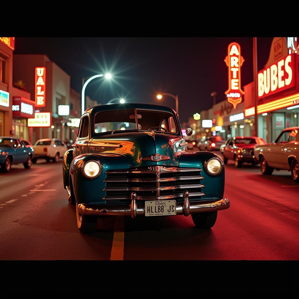 A classic car cruising down a neon-lit street