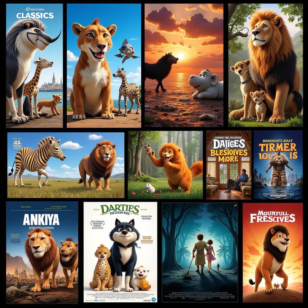 A collage showcasing various animal movie genres like animation, documentary, and live-action