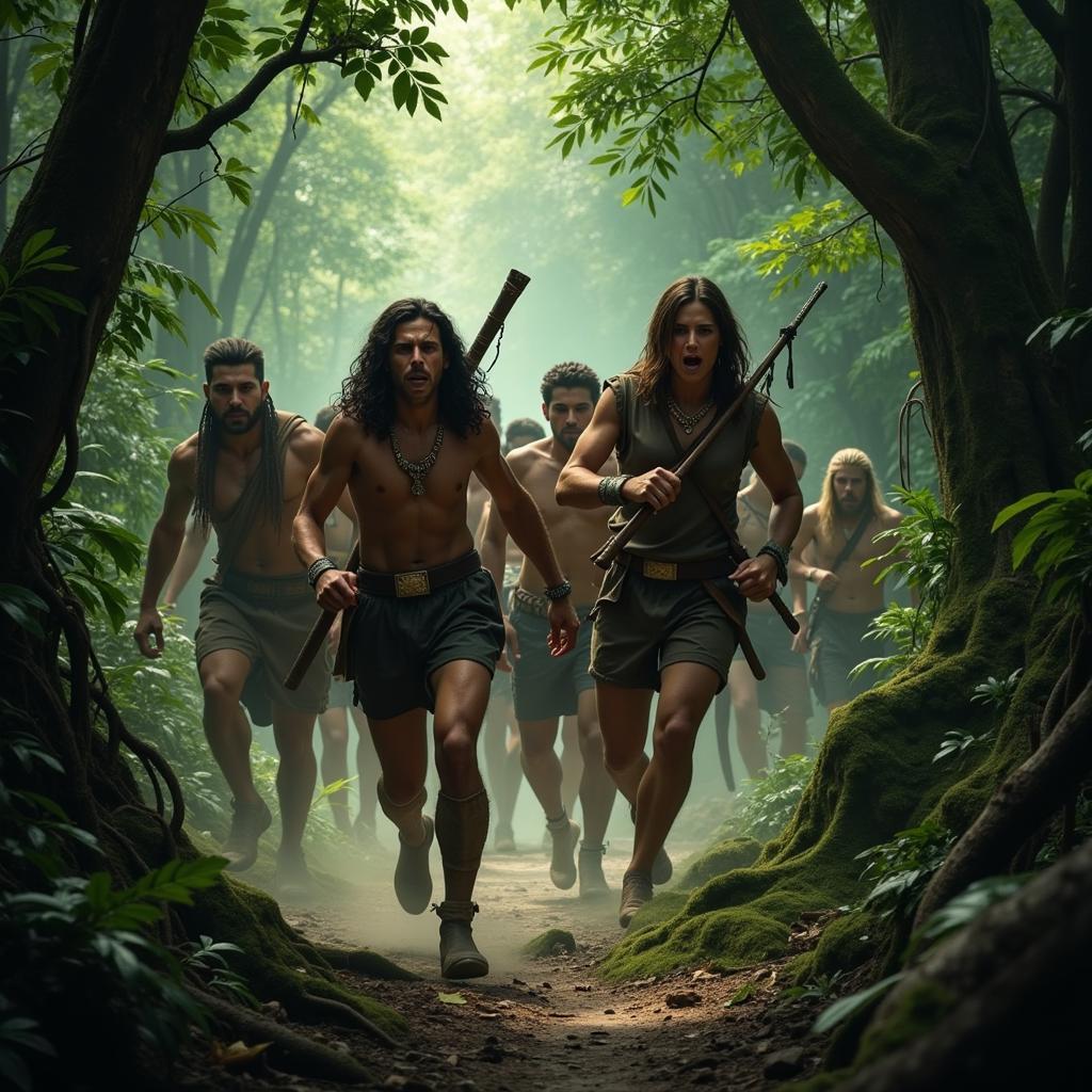 Mayan warriors chase villagers through dense jungle in Apocalypto