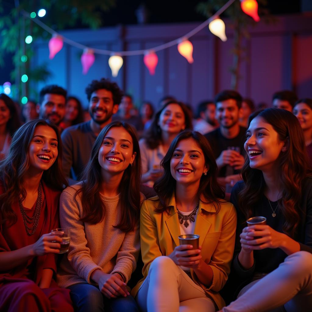 Group of friends and family enjoying a Bhojpuri movie night