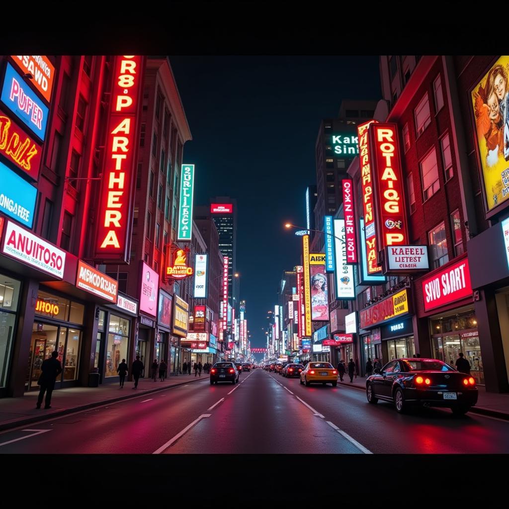 Blade Runner cityscape with neon signs showcasing diverse typography