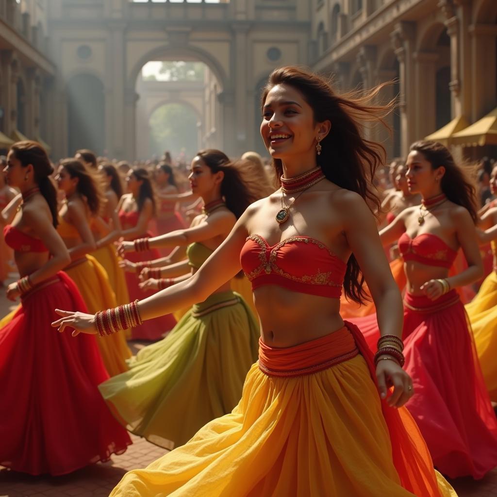 A Bollywood dance scene full of energy, vibrant costumes, and expressive movements. 