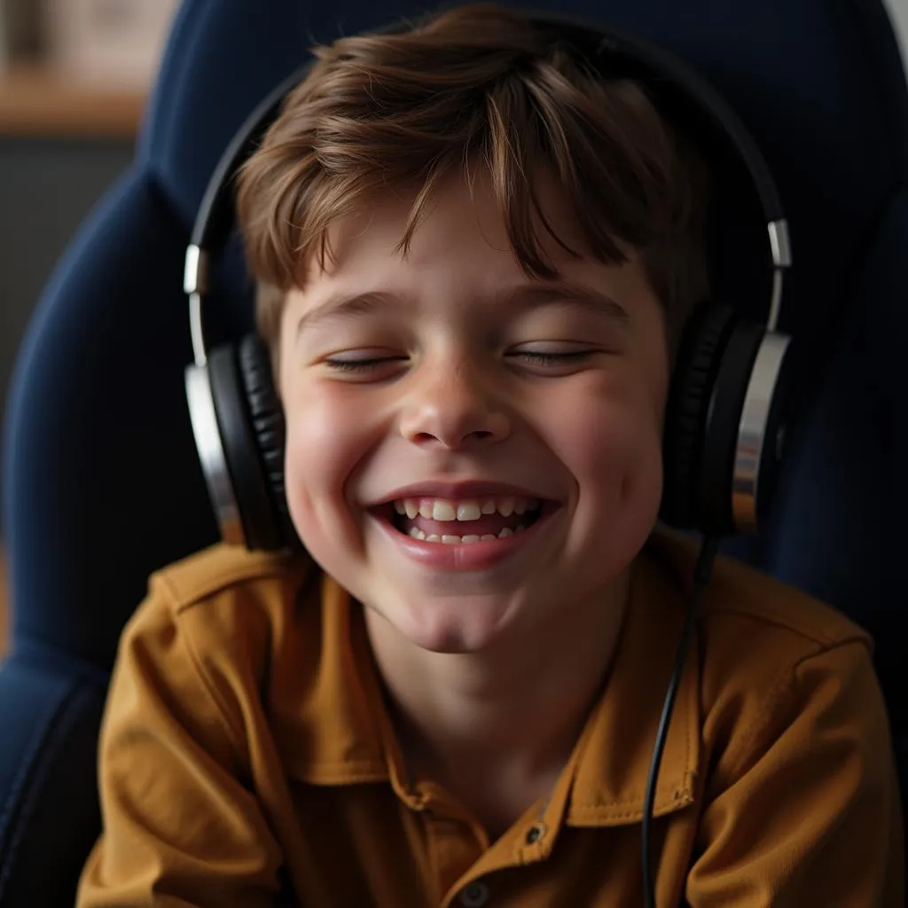 Young boy enjoying movie soundtrack on headphones