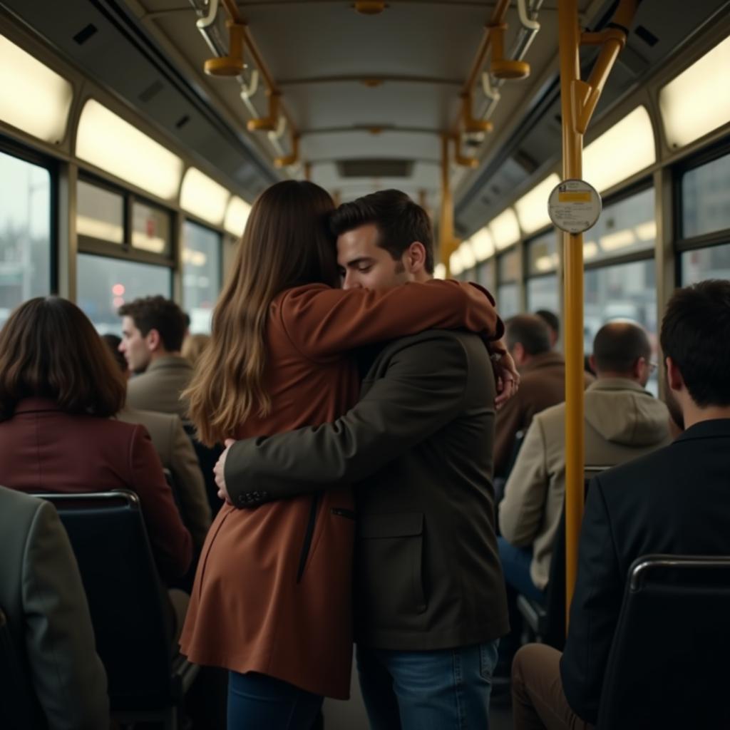 Couple embracing on a bus