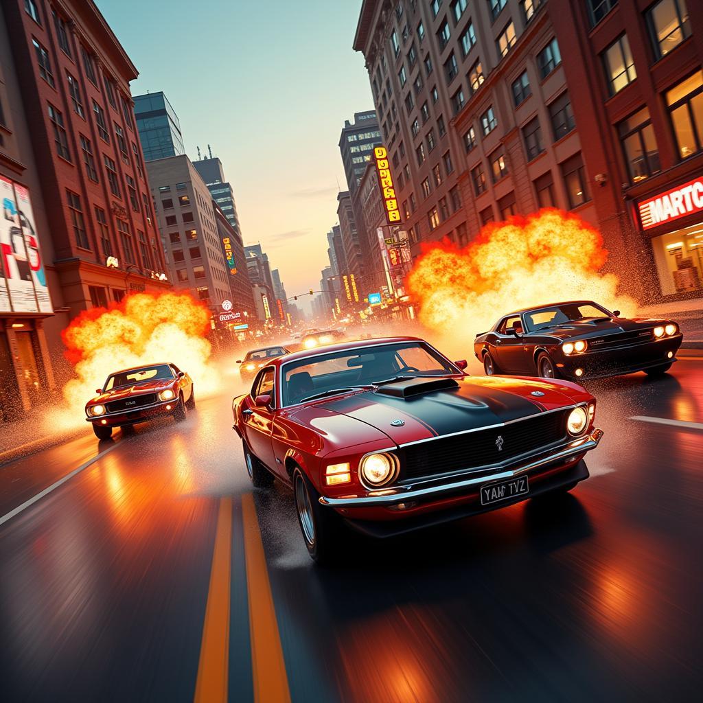 High-speed car chase scene in an action movie