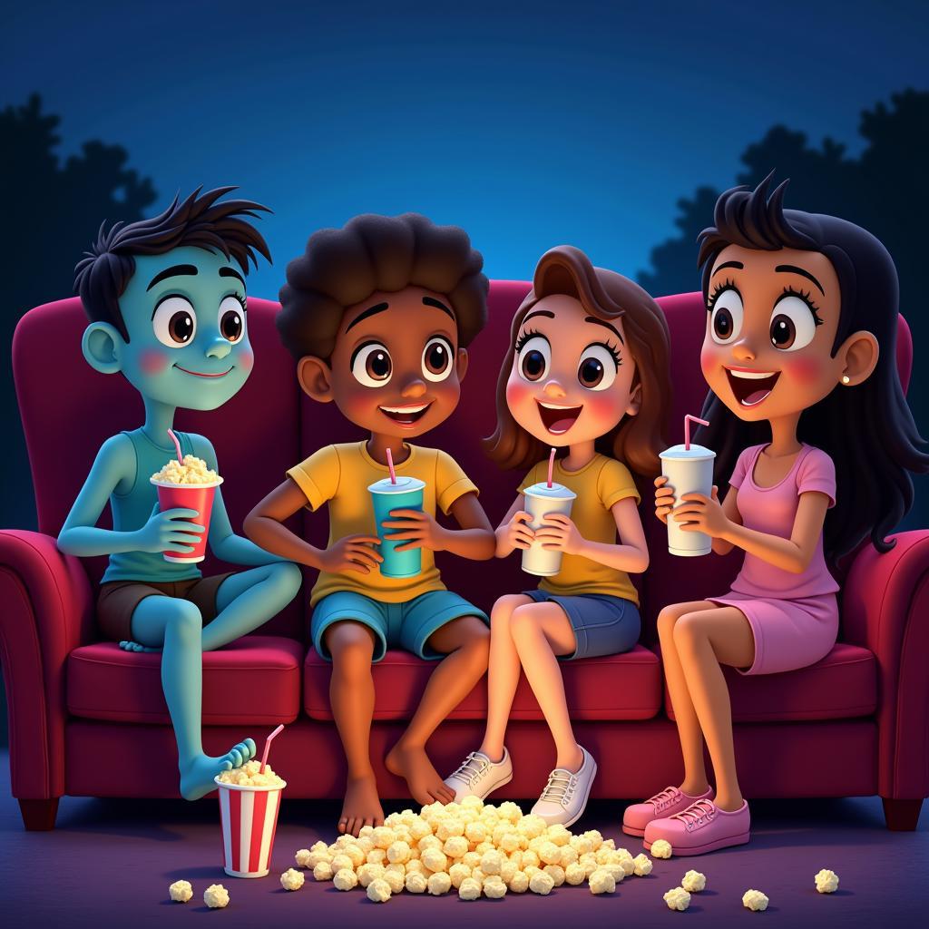 Cartoon BF movie characters enjoying popcorn