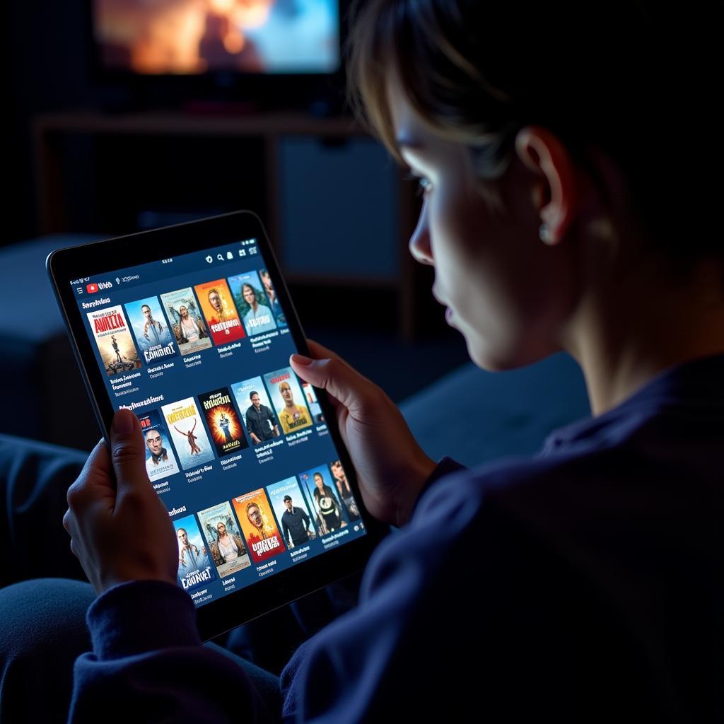 Person browsing different movie options on a tablet