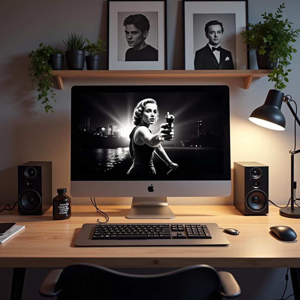  A Desktop Setup Featuring a Classic Hollywood Movie Wallpaper