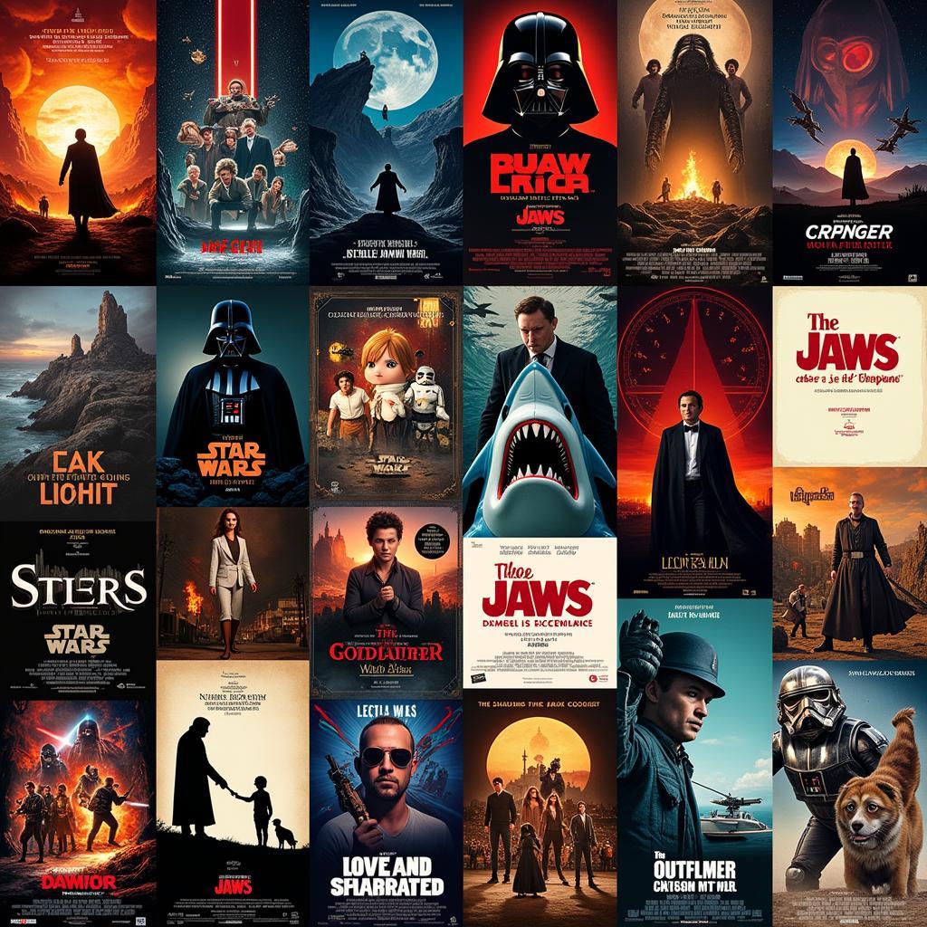 A montage of iconic movie posters with their recognizable theme songs.