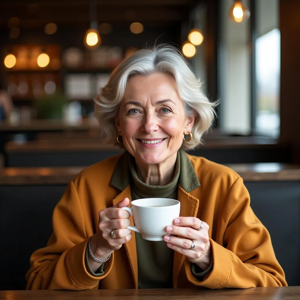 Confident older woman smiling in a cafe