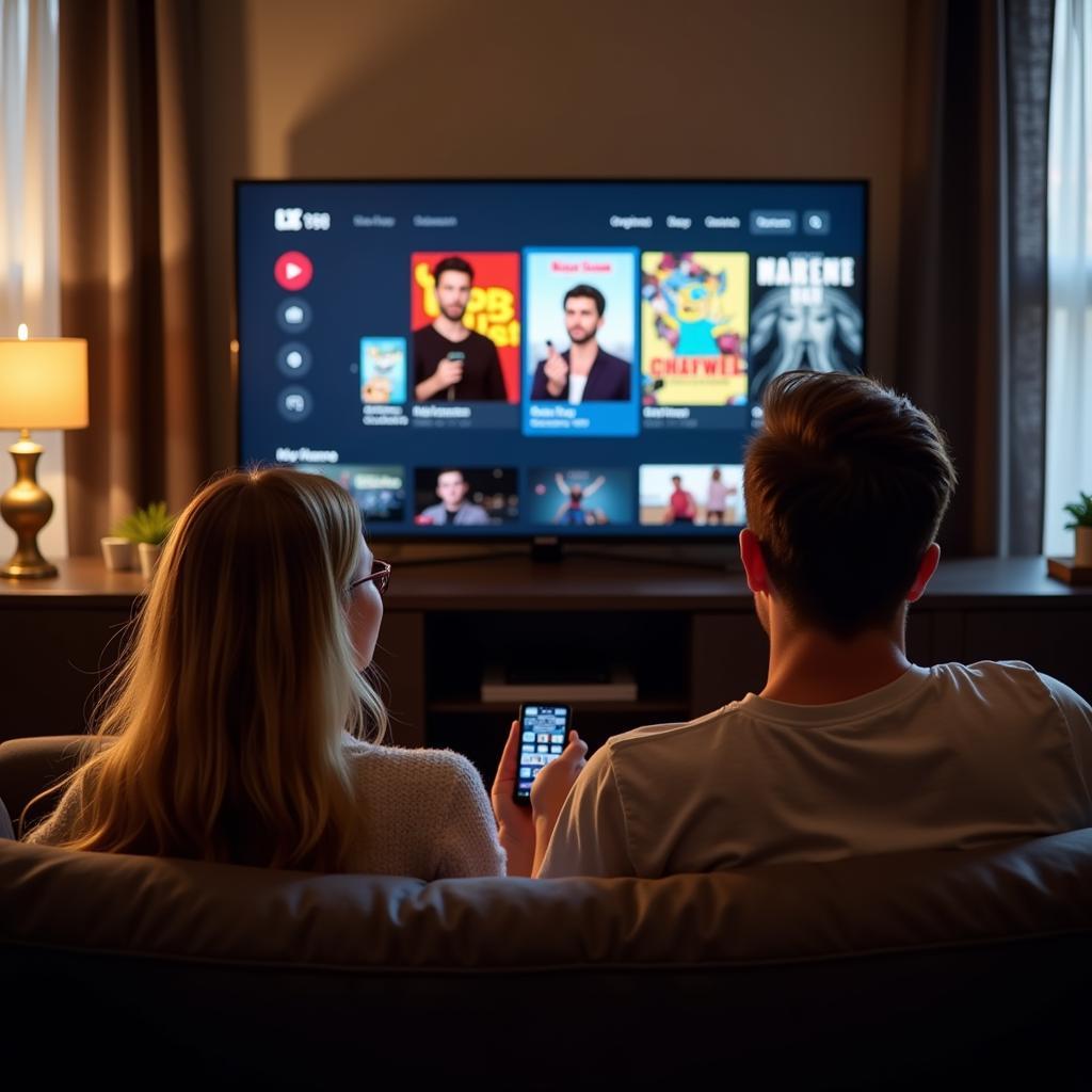 A couple deciding on a movie to watch, browsing through options on their smart TV