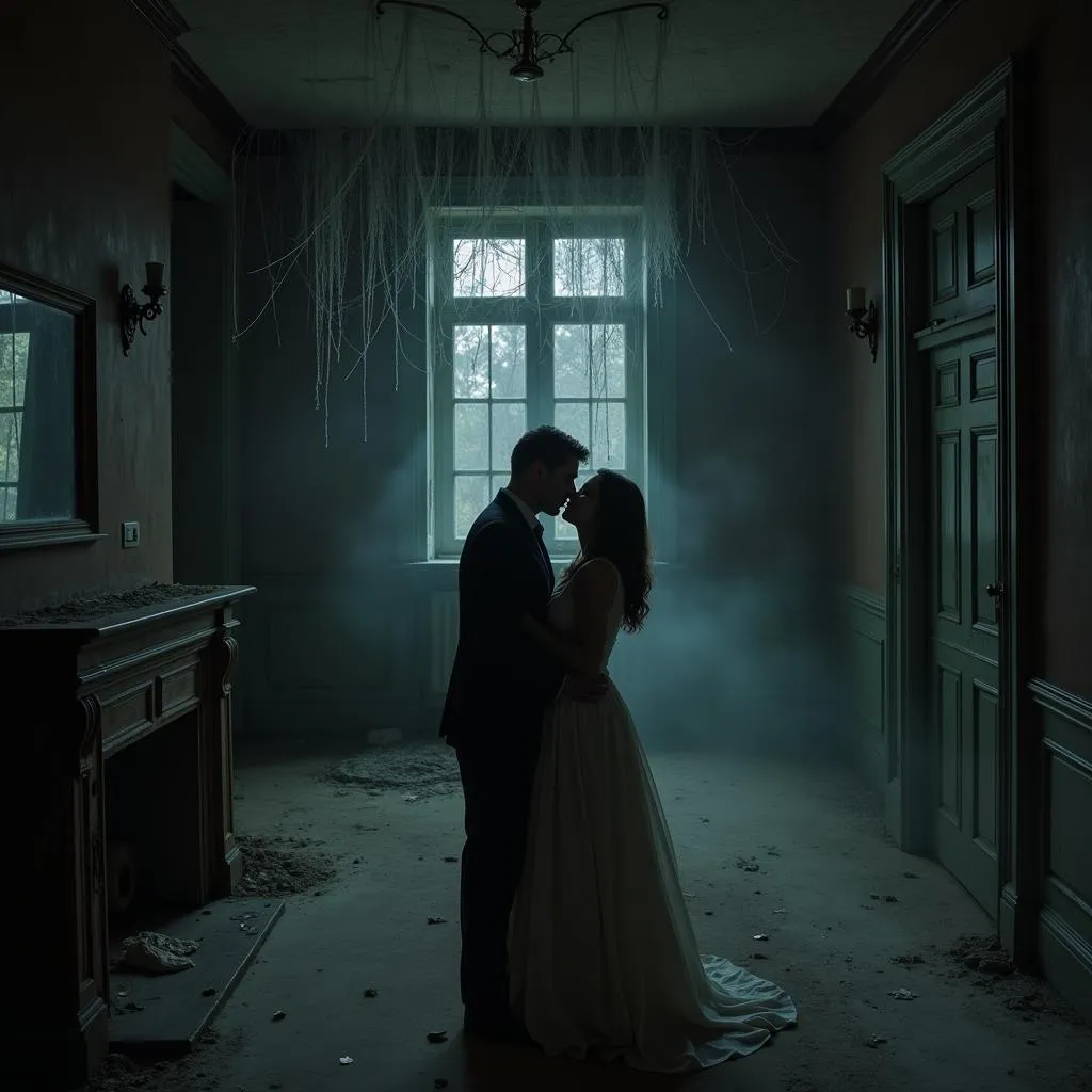 Couple embracing in a haunted house