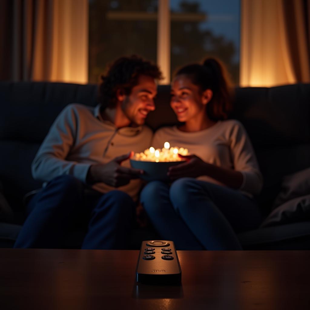  Couple relaxing on a couch, enjoying a movie night with a premium streaming service