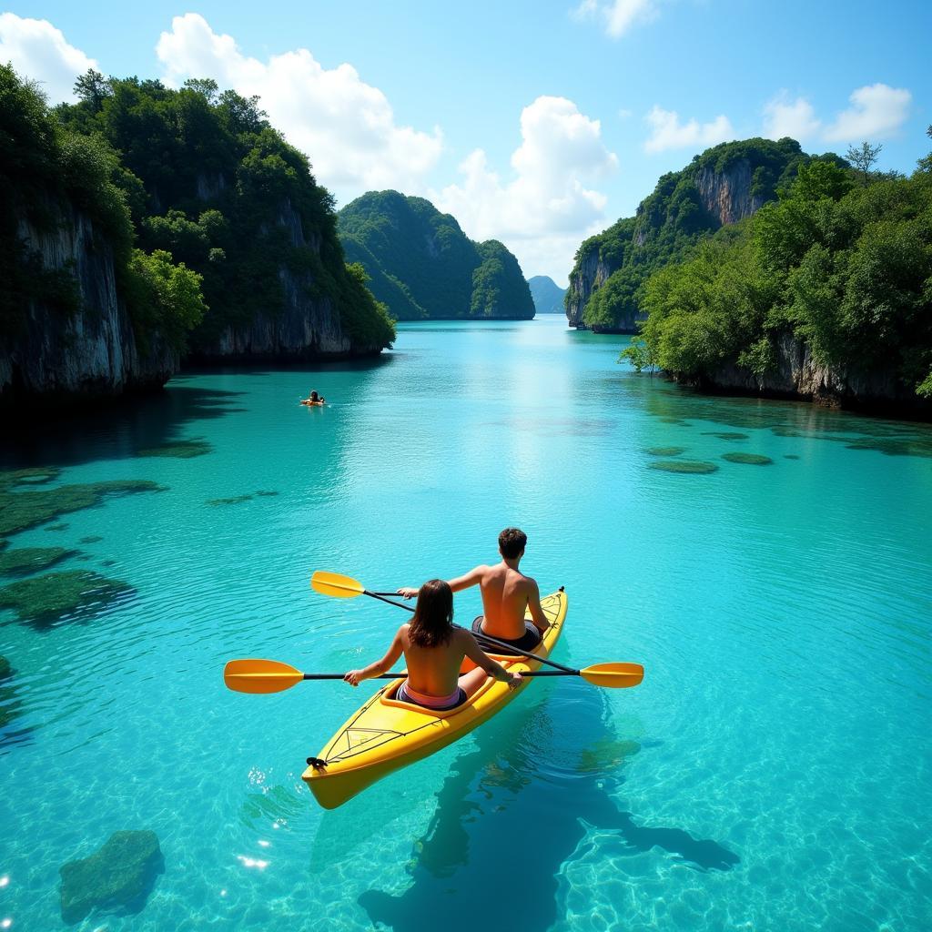 Couple kayaking in tranquil turquoise water