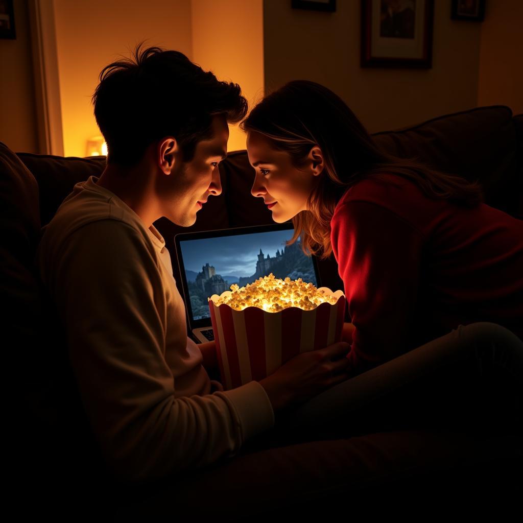 A Couple Enjoys a Castle Movie on "Movie USA Full HD"