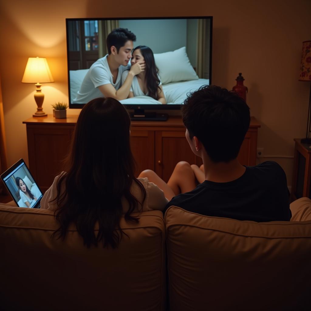 A couple enjoying a Korean erotic movie at home