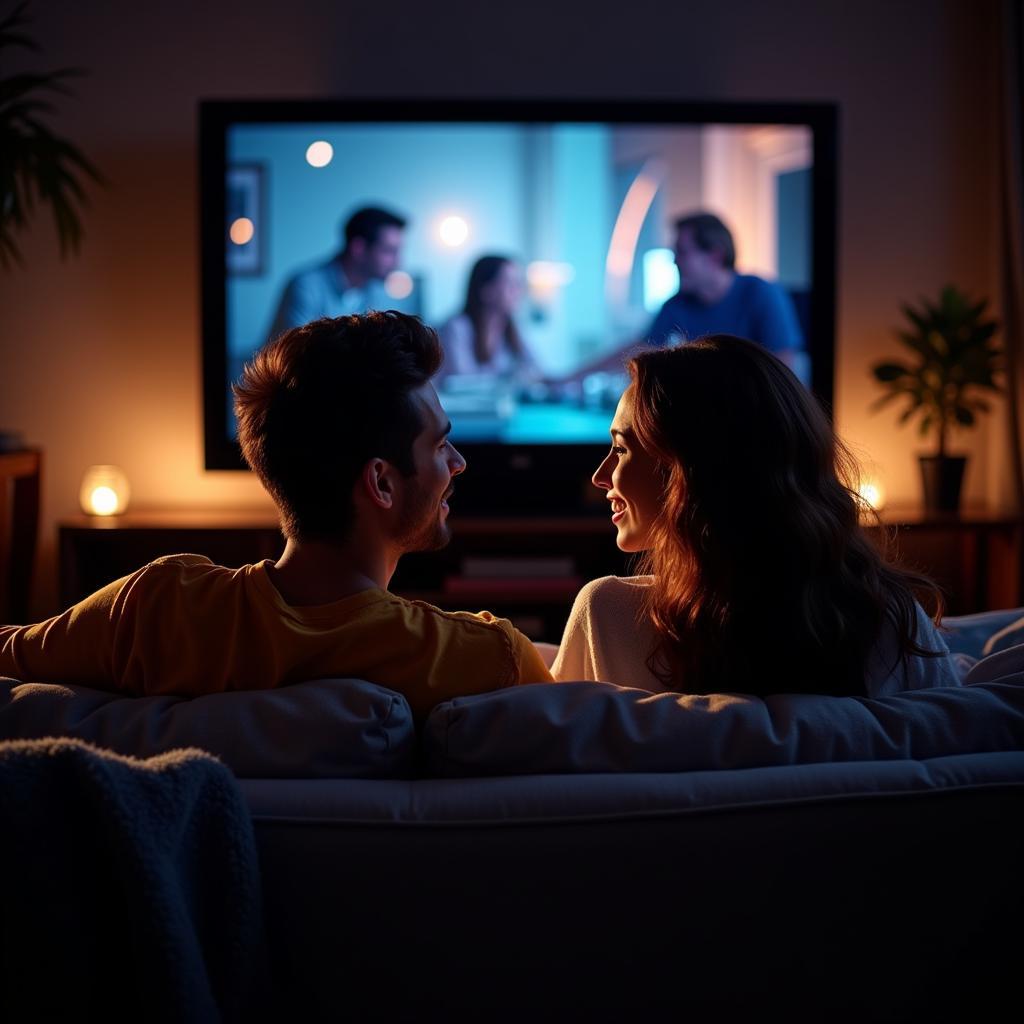 Couple enjoying a movie night at home