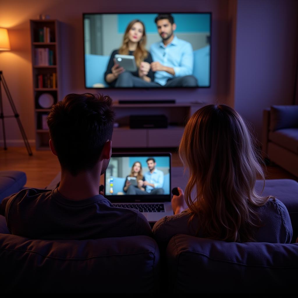 A couple enjoying a movie on their laptop in a cozy setting