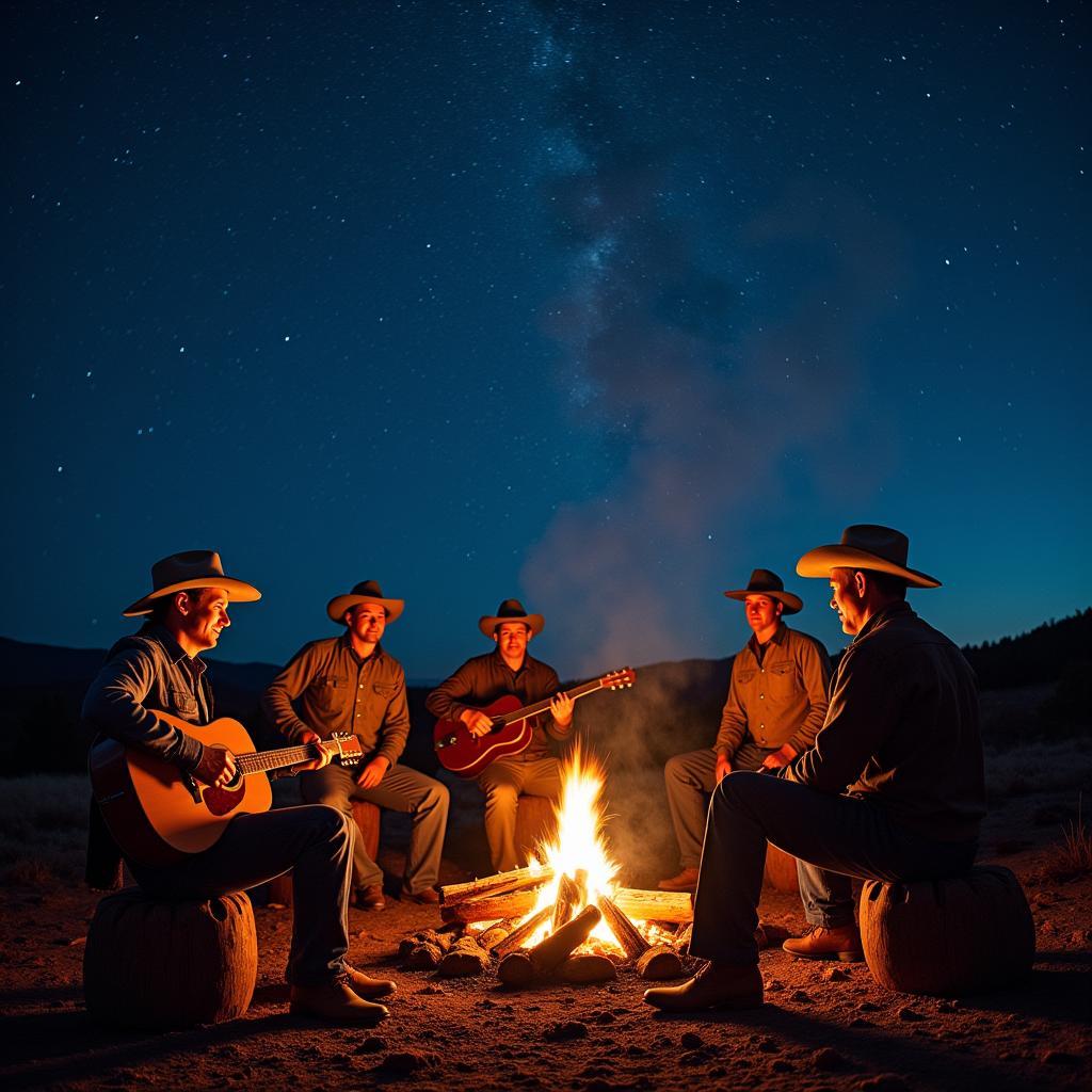 Group of cowboys singing around a campfire under the stars