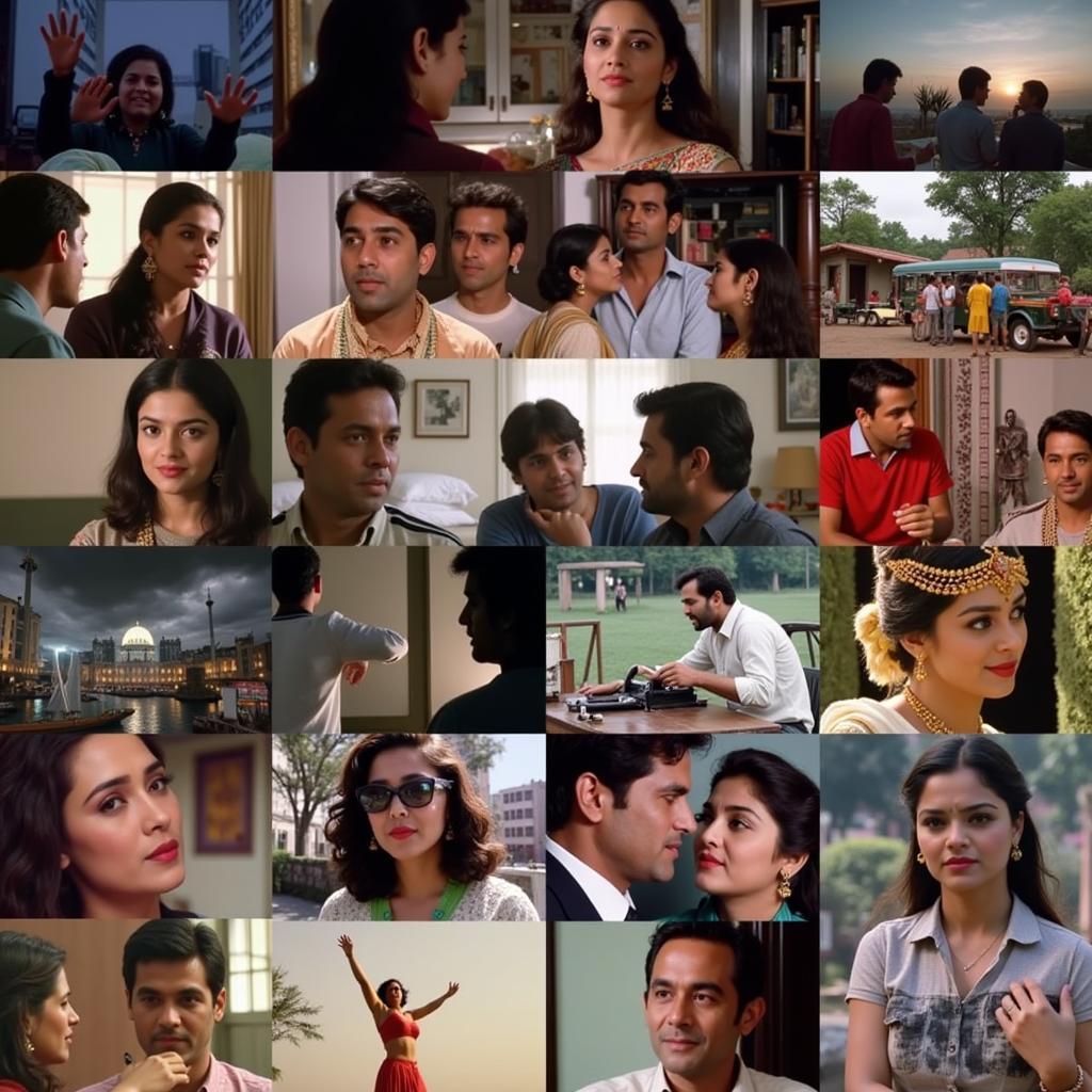 A collage depicting the evolution of desi cinema, from early black and white films to modern Bollywood blockbusters.