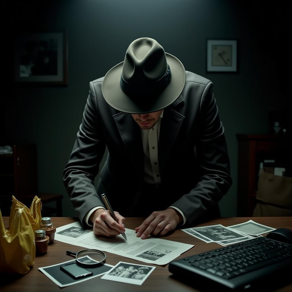  A Detective Examines Clues in a Dark Room 