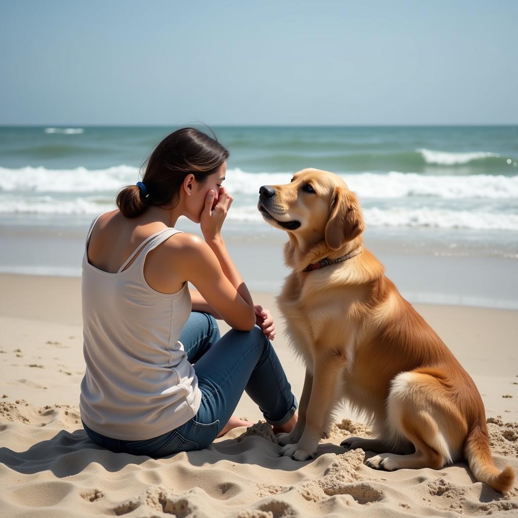 Movie still of a woman crying on a beach with a dog by her side