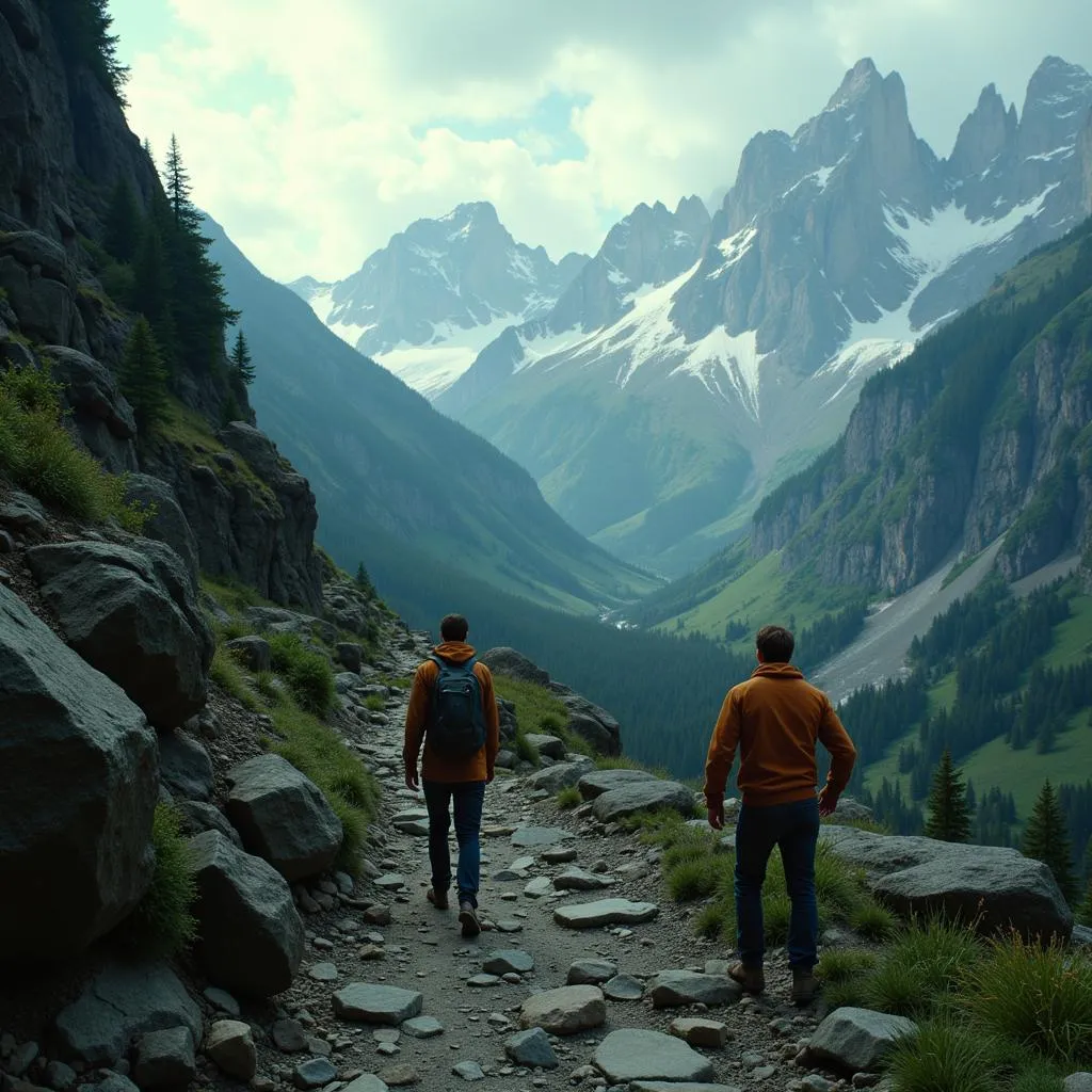 Scene from Don't Look Down showing characters on a mountain