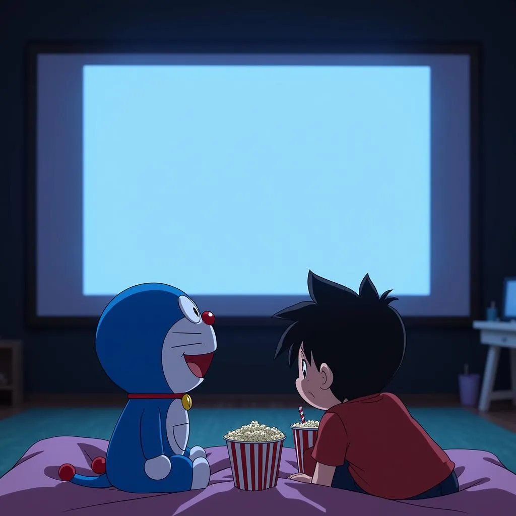 Doraemon and Nobita enjoy a movie together