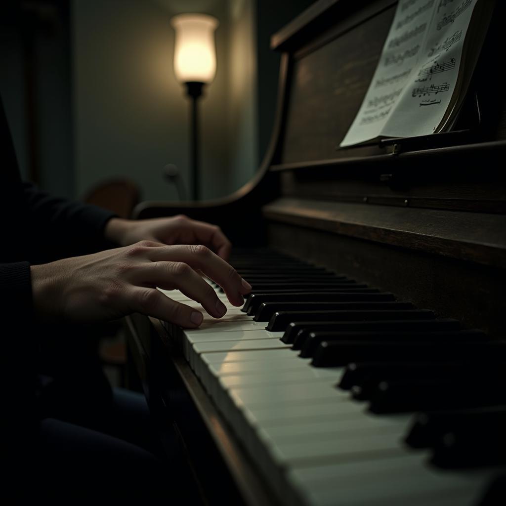 A close-up shot of a pair of hands playing a haunting melody on a dusty, old piano.