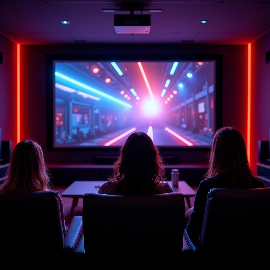 A cozy living room setup with a family enjoying a movie on a large, Full HD screen