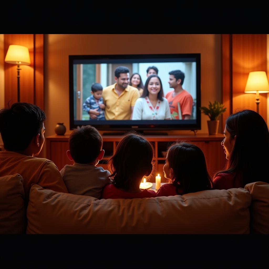 A group of friends and family enjoying MlsbD Bengali movies together at home.