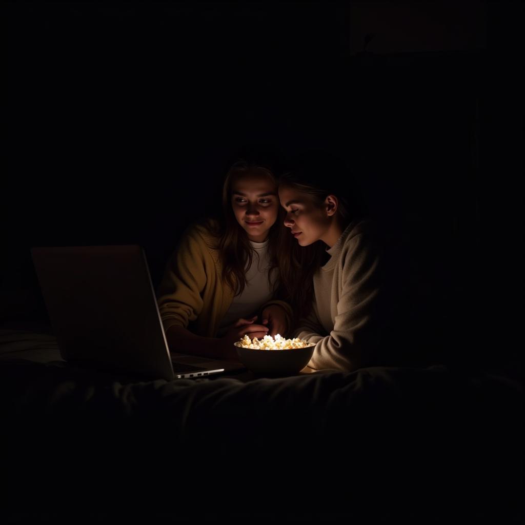 A couple enjoying a movie night at home