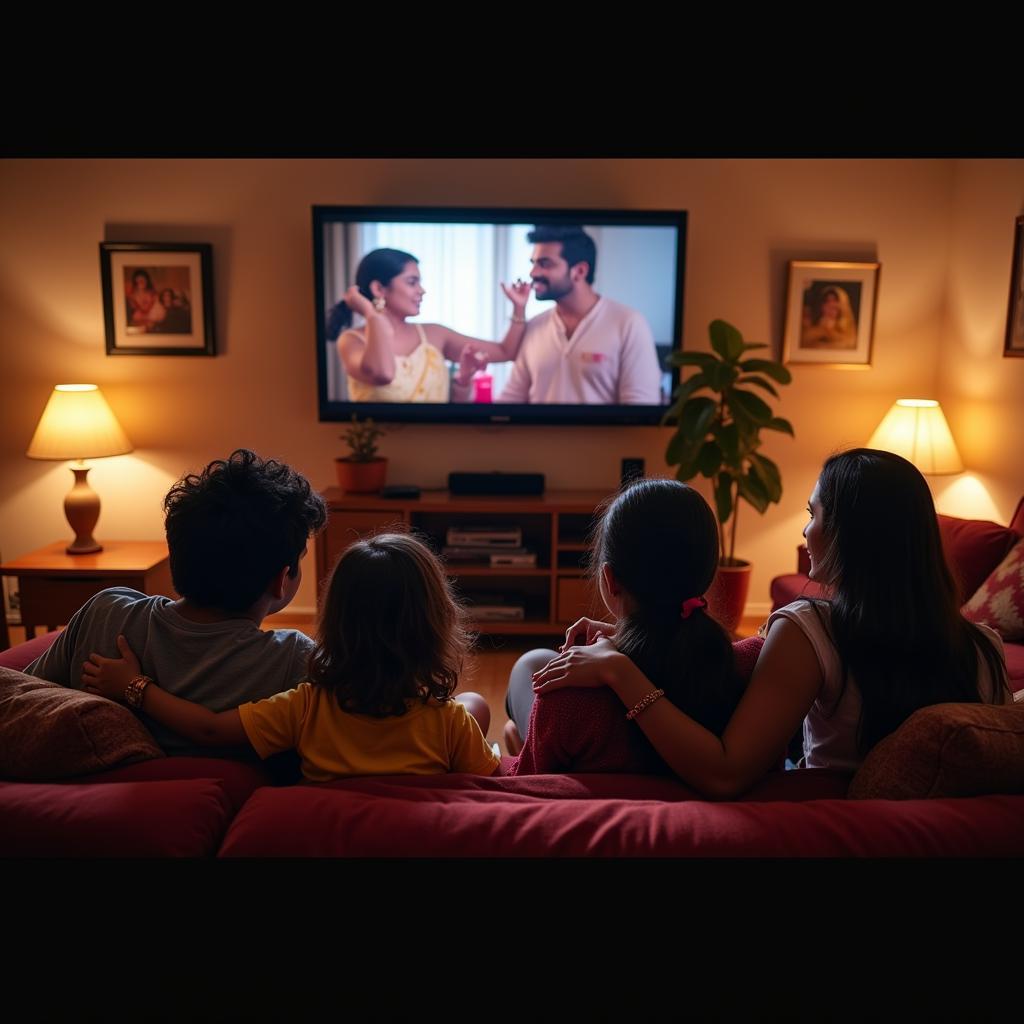 A family gathered together, enjoying a Tamil movie night