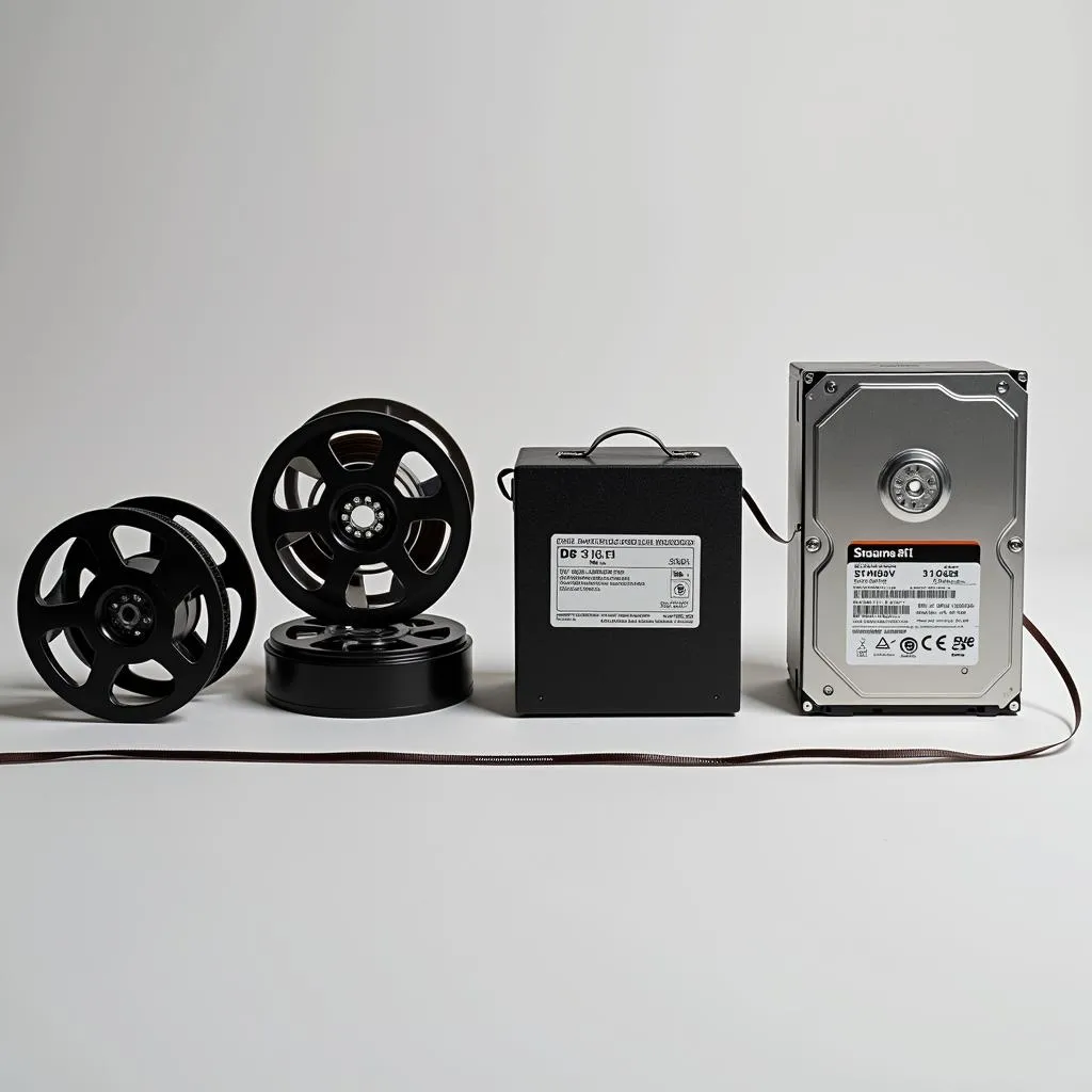 Evolution of Film Reels: A visual journey depicting the transition from early film reels to modern digital formats