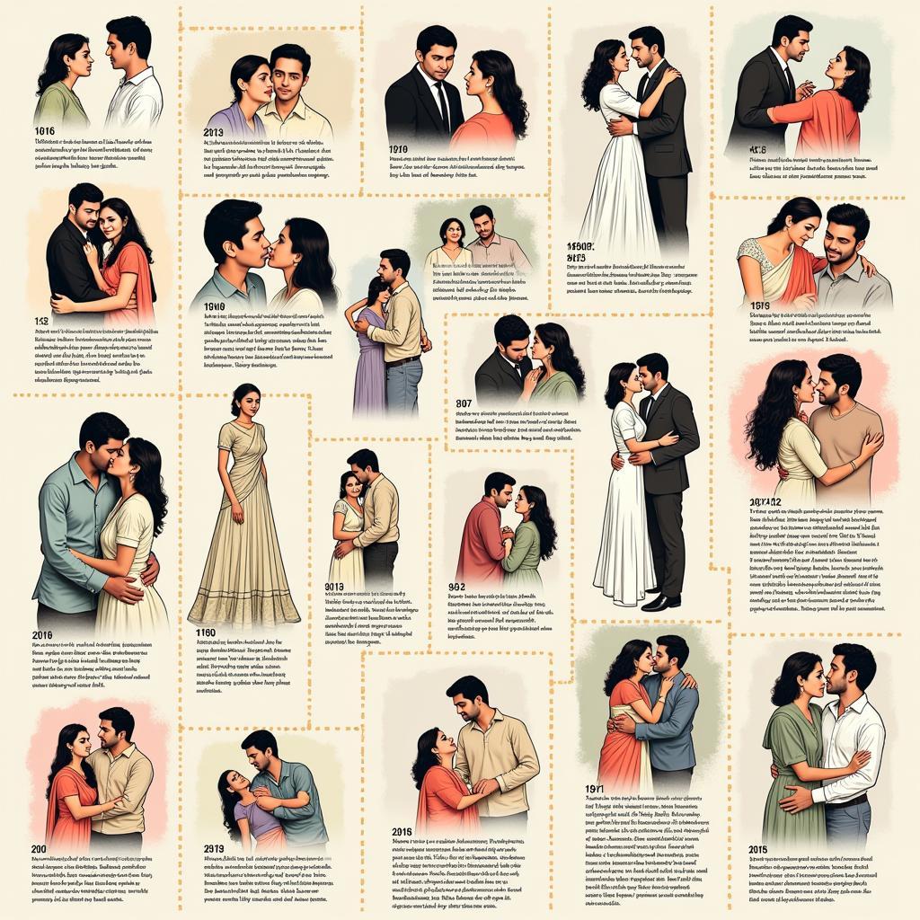 A collage showcasing the evolution of intimacy in Indian cinema, featuring posters and scenes from classic and modern films.