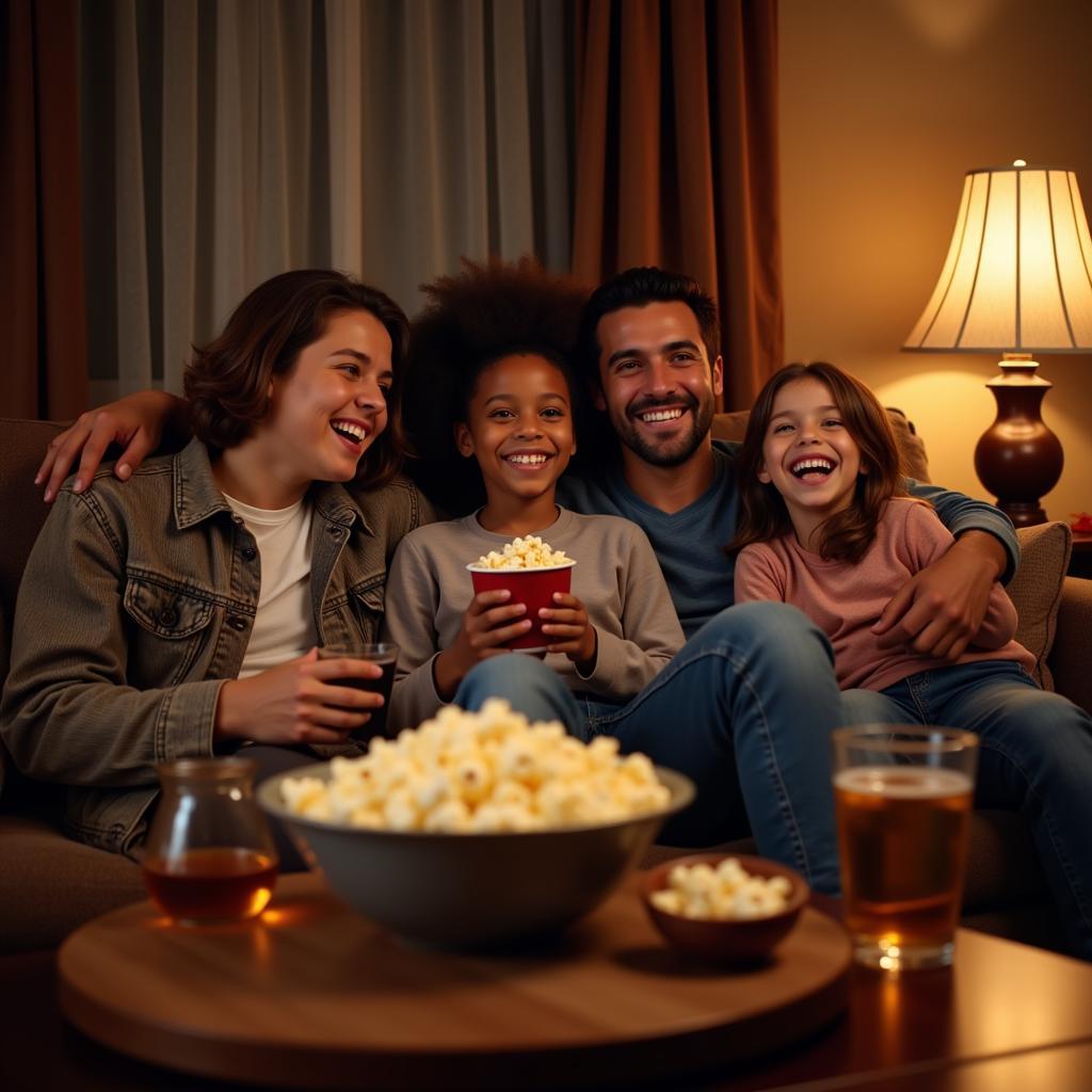 Family movie night with popcorn and snacks