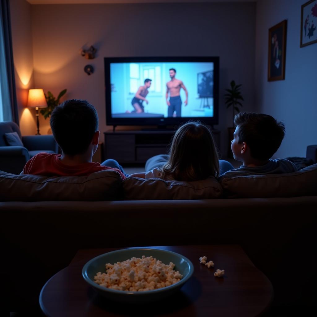 Family enjoying movie night at home