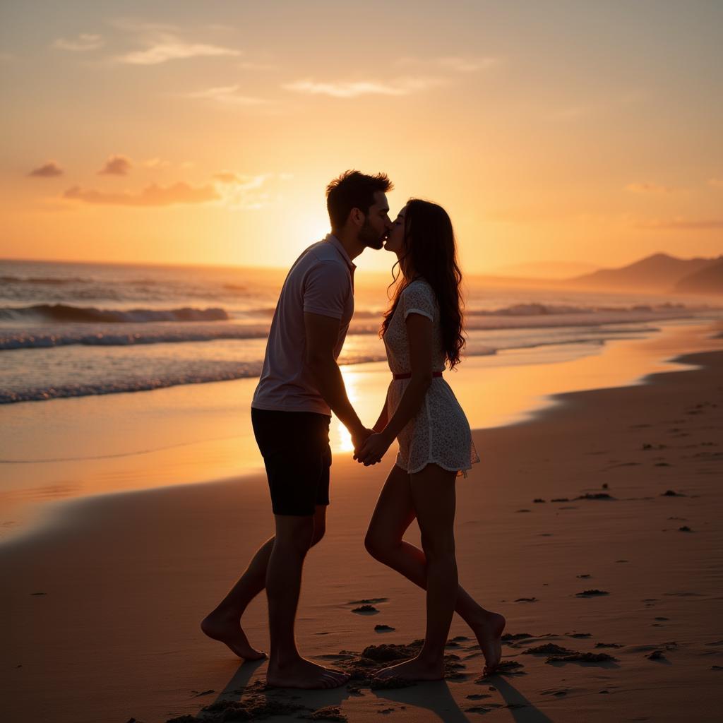 Couple Sharing a Passionate Kiss on a Beach