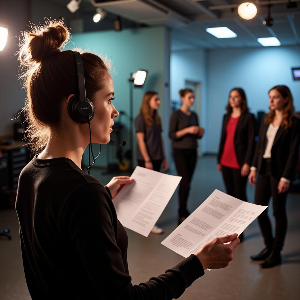 A female director guides actors on a movie set.