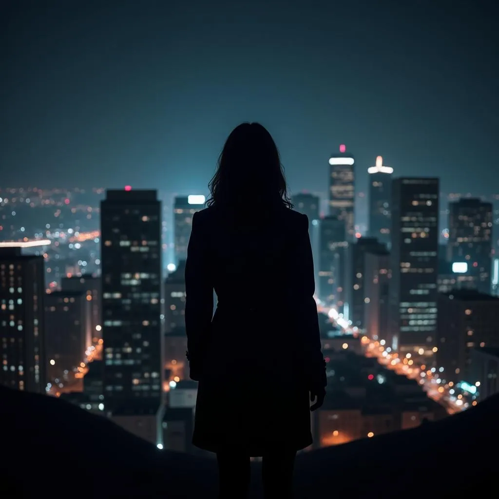 Female Gang Leader Silhouetted Against City Skyline