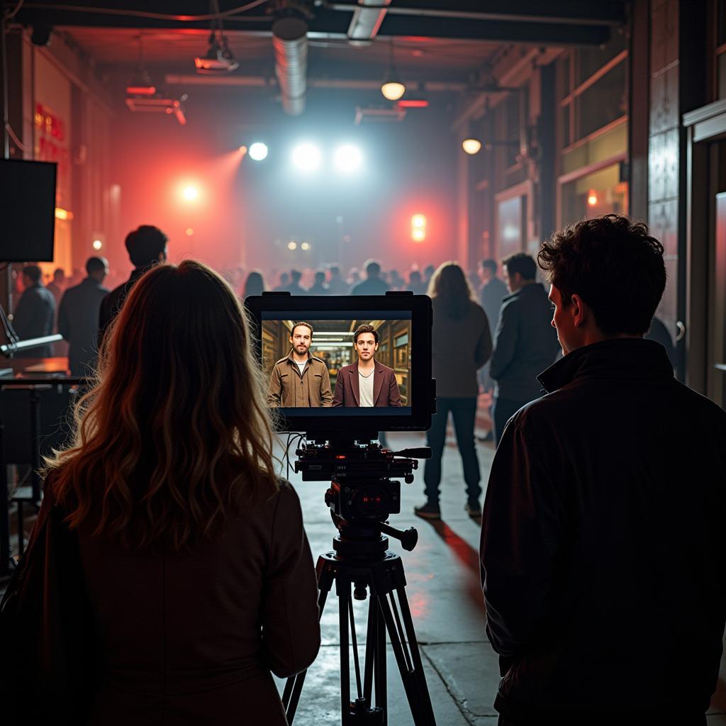 A film crew on set uses a monitor displaying a shot from the movie they're shooting