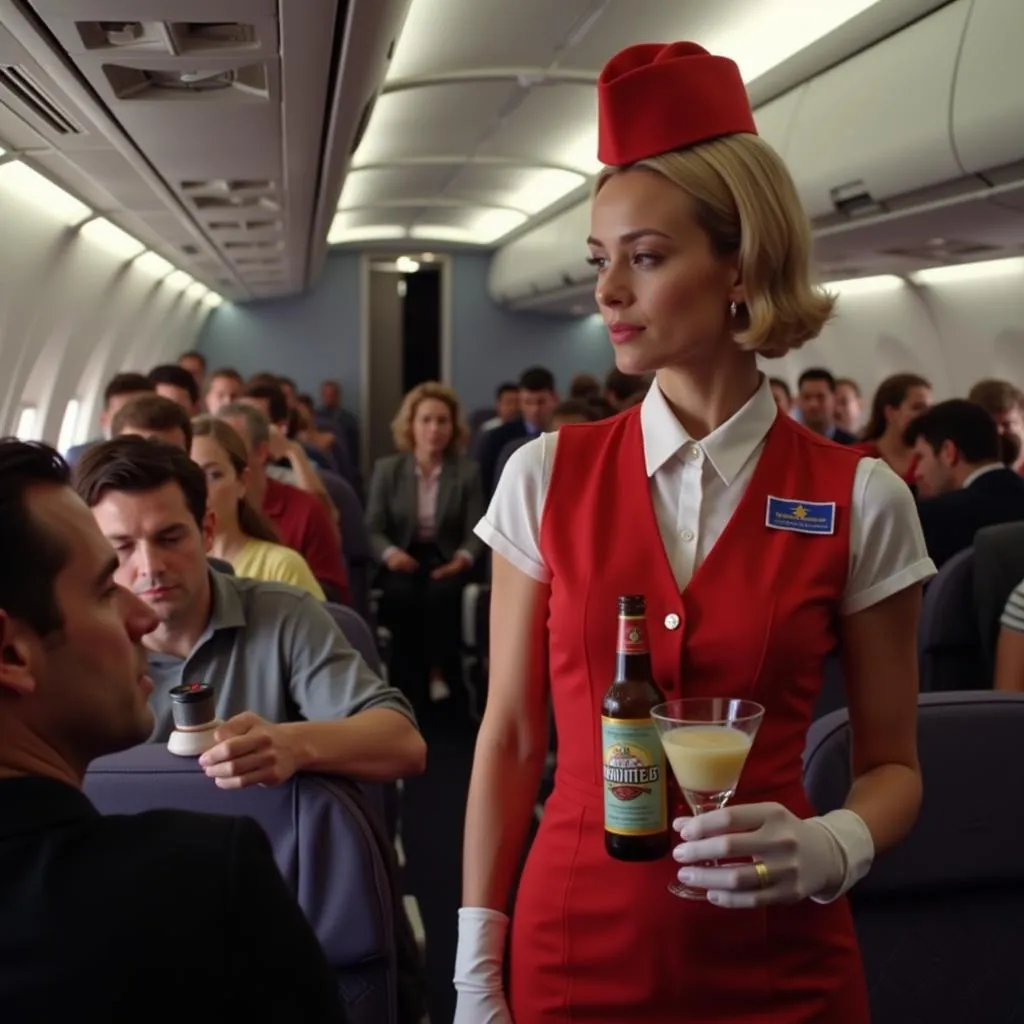 Flight attendant serving drinks to passengers on an airplane