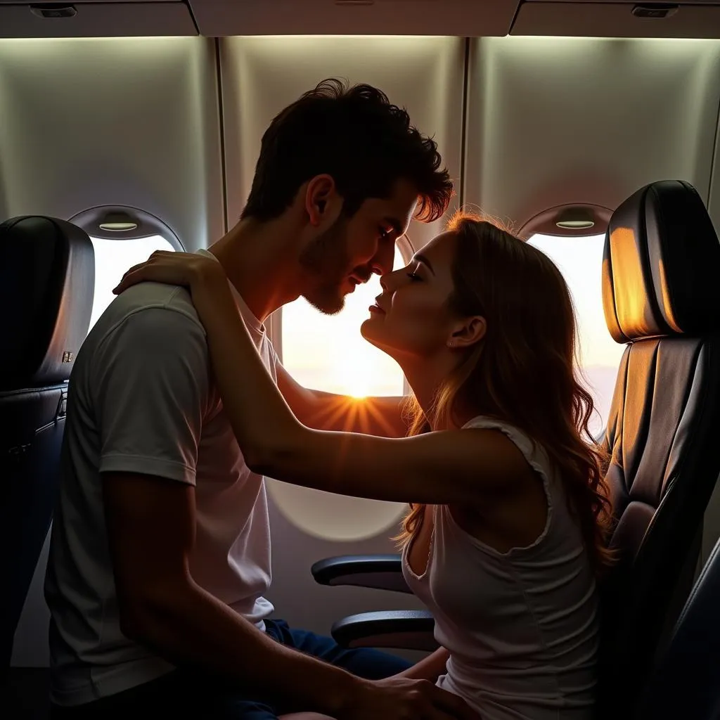 Couple embracing on an airplane