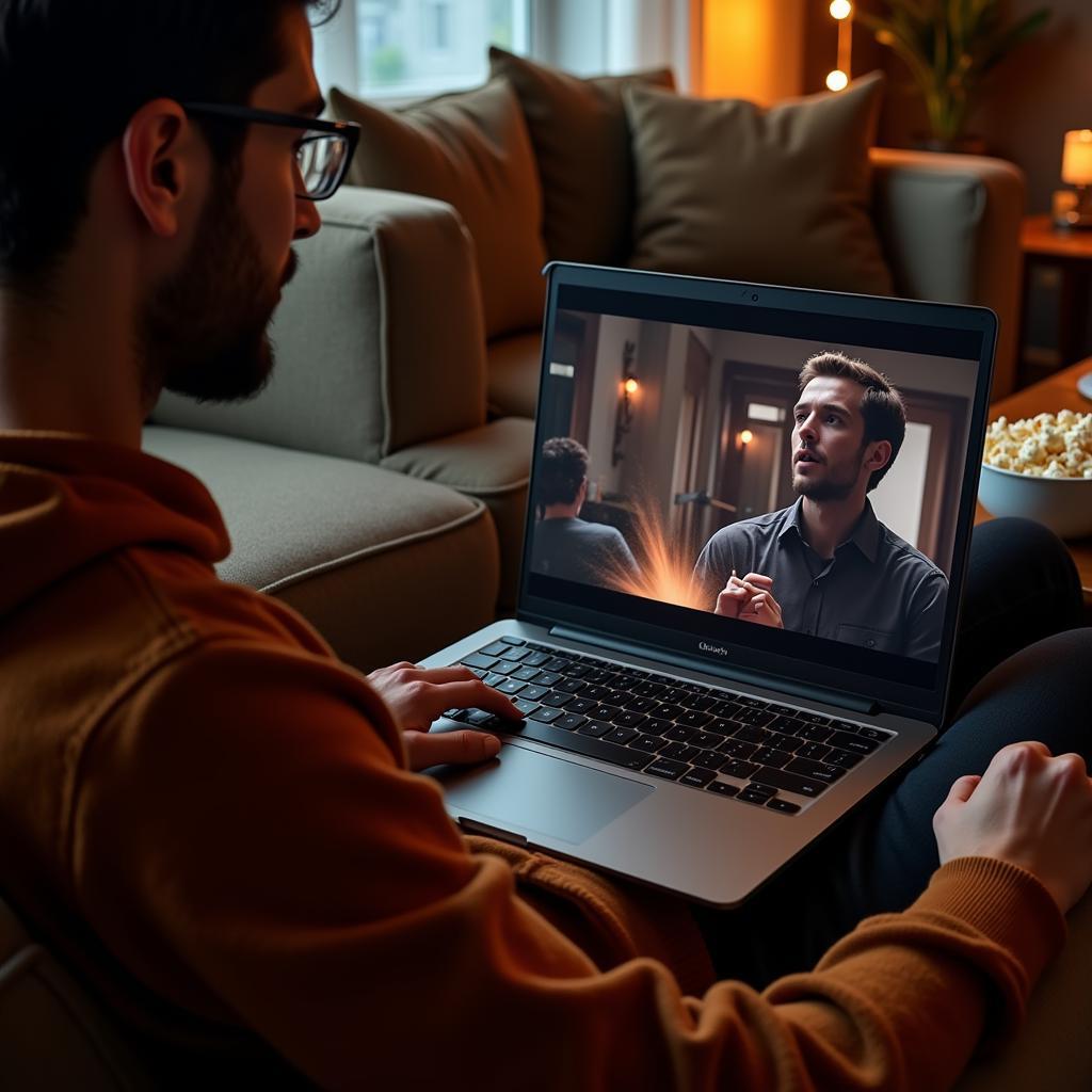 Person streaming a movie on their laptop