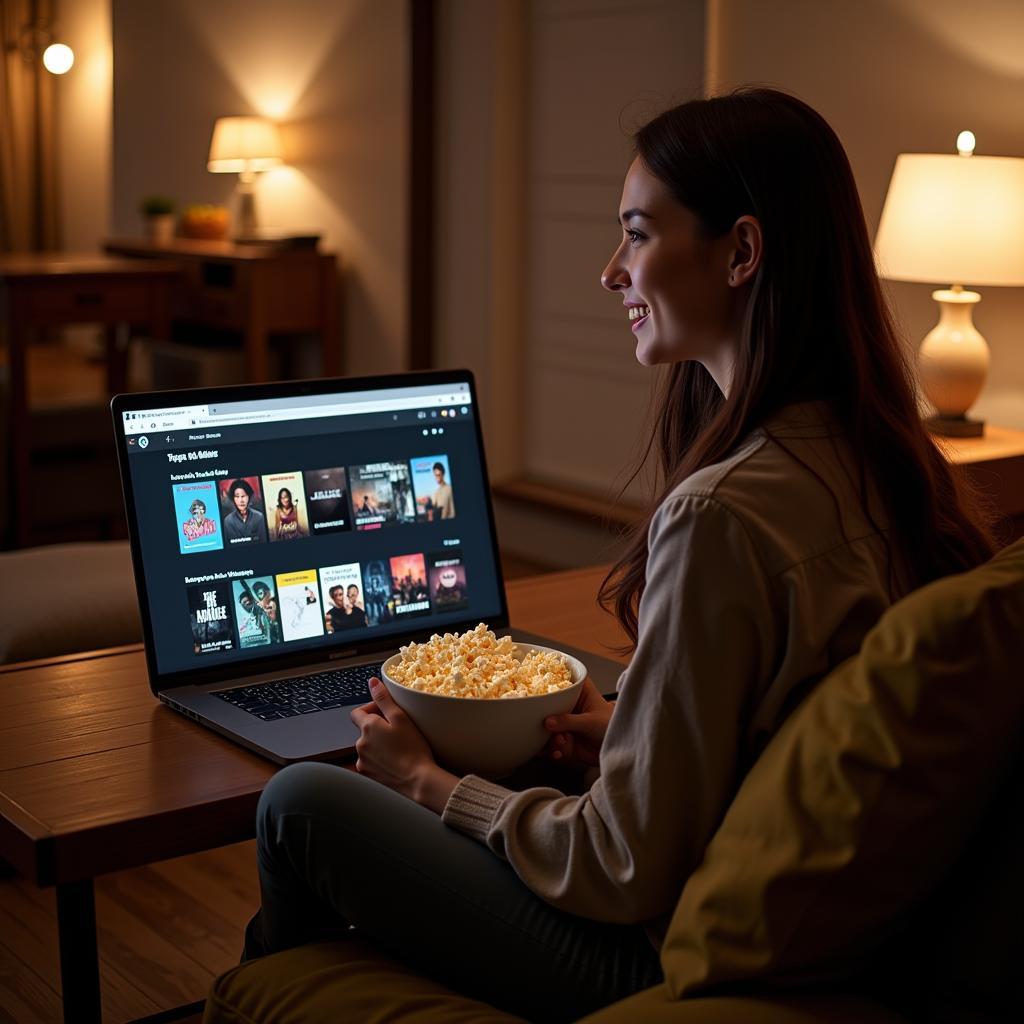 Woman enjoying free movie streaming on her laptop