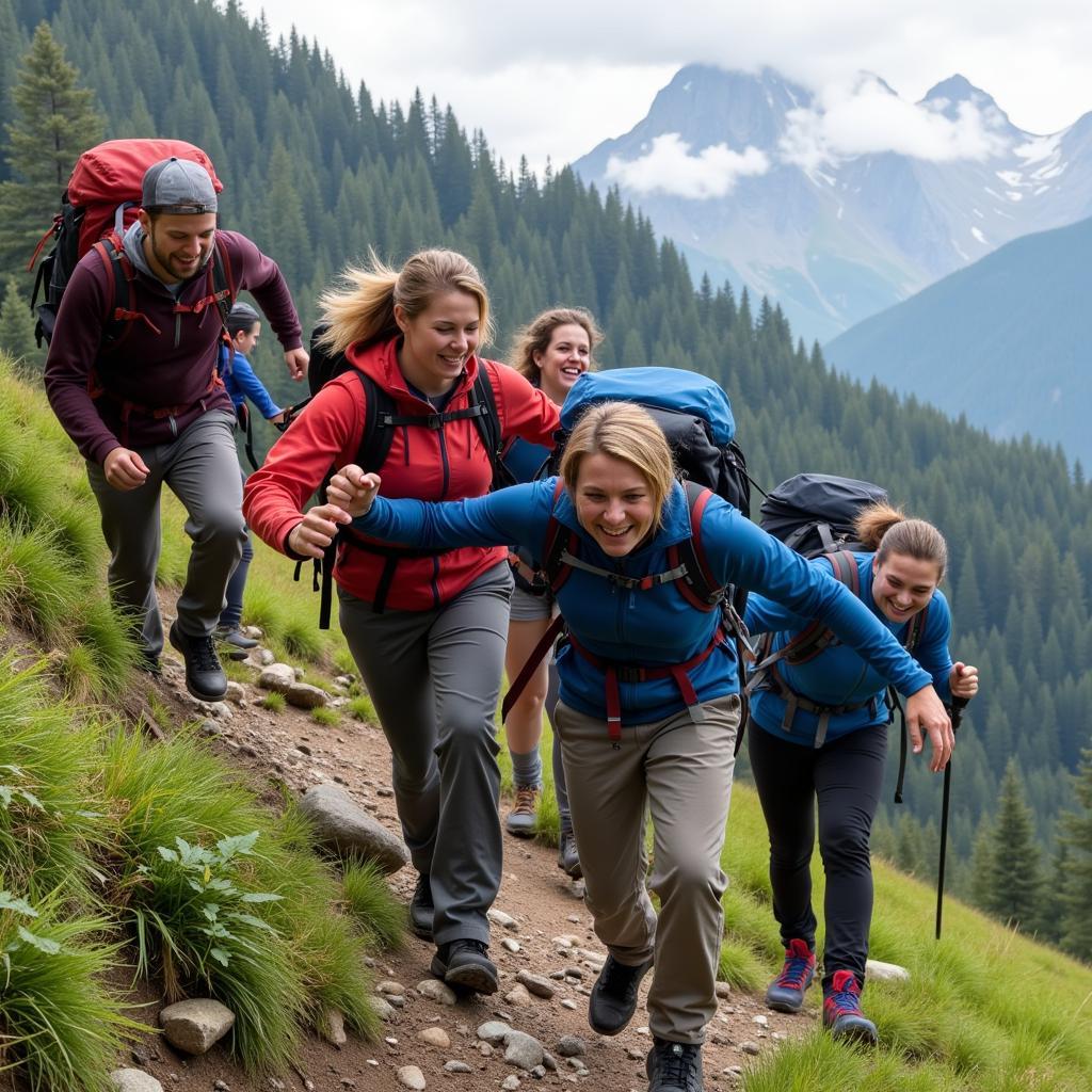 Group of hikers supporting each other on a steep trail